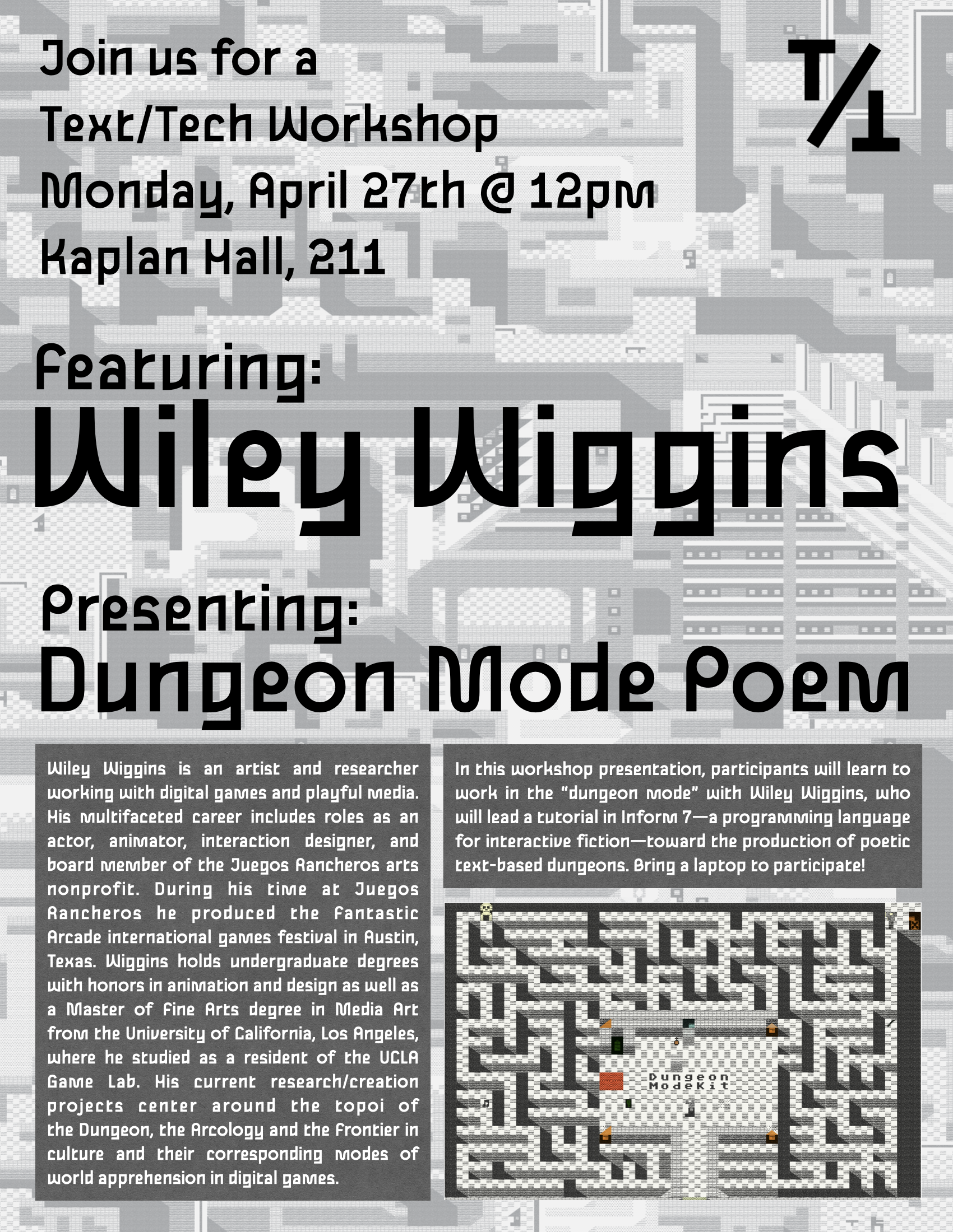 Poster for the Wiley Wiggins Dungeon Mode Poem workshop.